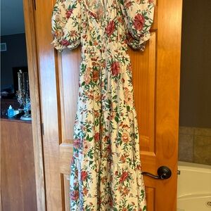 Anthropologie Cream Maxi Dress with Pink and Green Floral Print